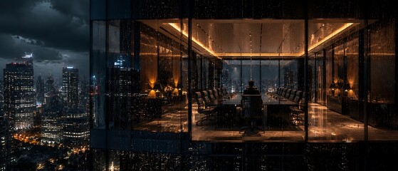 Fototapeta premium Office interior with cityscape view at night