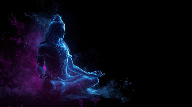 Meditating figure in blue and purple light on black background illustration