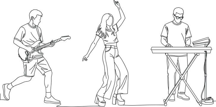 Continuous Line Music Performance Illustration Featuring Guitarist Dancer and Keyboard Player in Minimal Artistic Style Composition