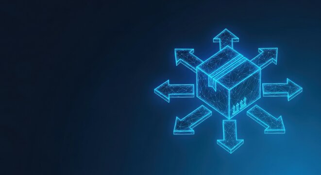 Futuristic glowing delivery box with radiating arrows on a dark blue digital background, symbolizing global logistics and distribution networks