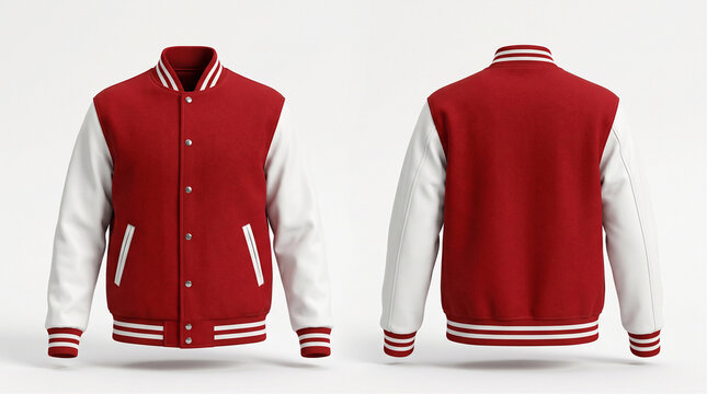 Varsity jacket featuring a red wool body and white leather sleeves is presented in a dual perspective to illustrate classic collegiate sportswear aesthetics for retail catalogs or fashion design.