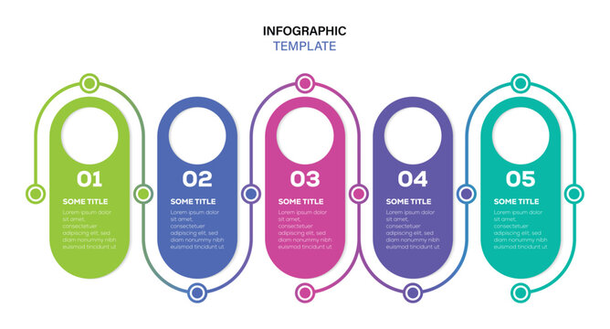 Business infographic template with 5 steps and rounded capsule process chart. horizontal wave timeline diagram for connecting loop lines and editable text layout. vector illustration.