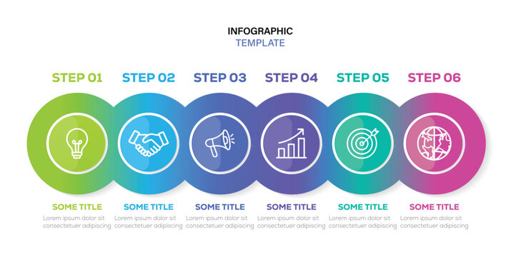Connected circles timeline infographic layout for 6 steps with  linear process chart and colorful gradient. modern overlapping process chart with business. vector illustration.