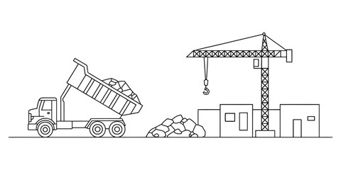 Dump truck unloading rocks at a construction site with a tall crane and building Vector, illustration © Kanu Art_Gallery