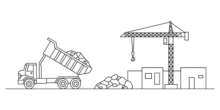 Dump truck unloading rocks at a construction site with a tall crane and building Vector, illustration