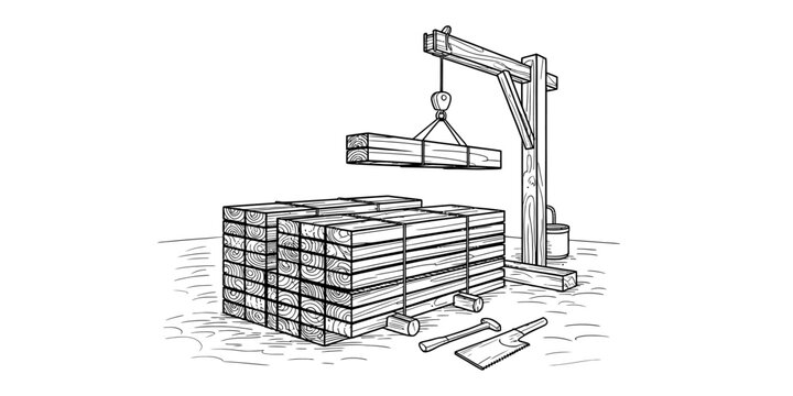 A wooden crane lifting a stack of timber planks at a construction site with tools on the ground Vector, illustration