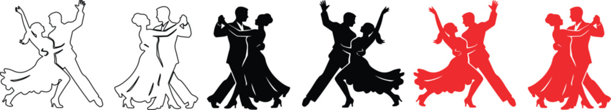 Ballroom Dance Couple Silhouettes, elegant dancing partners vector art. Dynamic male and female dancers in black and red, perfect for event invitations, studio branding