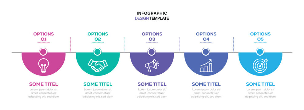 Timeline infographic template with five stages and  horizontal process diagram. semi circle corporate workflow presentation design element.  vector illustration.