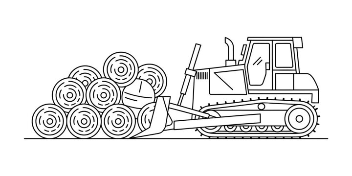 Bulldozer tractor pushing a large stack of round hay bales on a farm field Vector, illustration