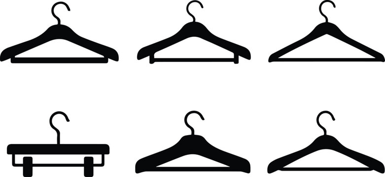 Black Clothes Hangers Vector Set, various garment hangers, clothing organization, fashion retail, wardrobe essentials, minimalist icon collection