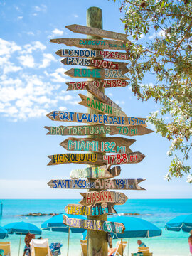 Close-up of a wooden directional sign with painted global city names and mileages on Key West beach.
