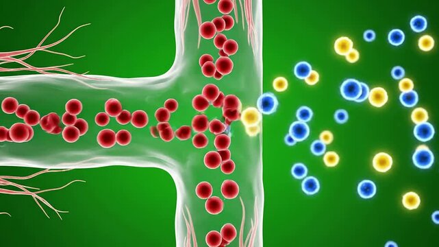 Molecular Interactions at Cellular Junctions Animated Depiction with Red, Blue, and Yellow Molecules on Vibrant Green Background
