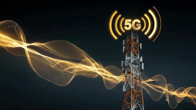 Watch the details of signal towers as they emit 5G signals and data waves in a busy urban area. See how technology changes the landscape.