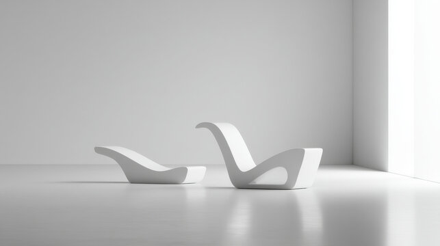Curved minimal lounge chair and ottoman in bright modern studio, serene mood