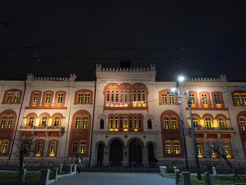 BELGRADE, SERBIA - APRIL 10, 2026: University of Belgrade Rectorate, Rektorat, illuminated at night on Studentski Trg, showing the historic facade of the Serbian university in central Belgrade.