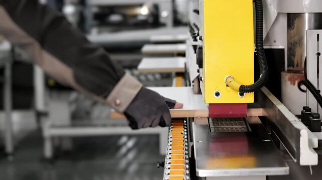 Worker feeding a laminated wood panel into an industrial woodworking machine. Furniture manufacturing and automated wood processing close up.