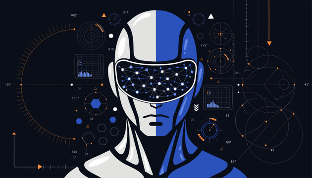 Futuristic Android Bust with Cyberpunk HUD and Neural Network Interface.eps