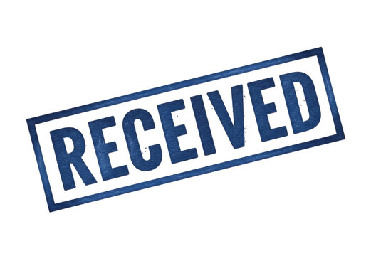 Blue received stamp with dashed border on paper background