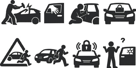Car theft and auto crime vector icon set, black and white silhouette illustrations depicting vehicle security, robbery, and vandalism, ideal for safety campaigns and insurance graphics © Shanza