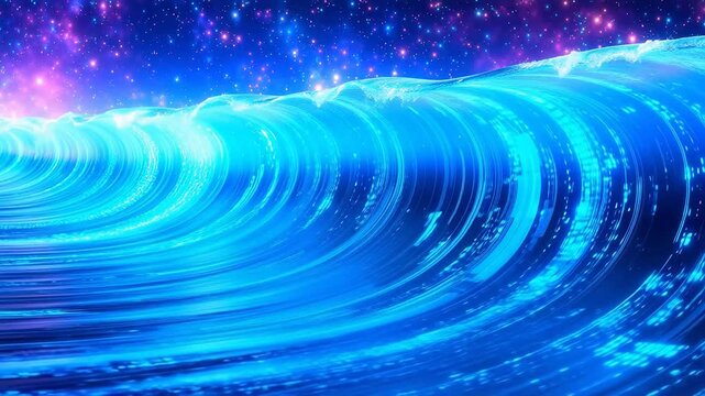 宇宙空間に広がる青く輝く波は,自然の畏敬の念を抱かせる力を象徴している。