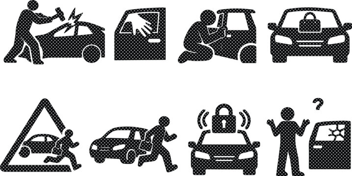 Car theft and auto crime vector icon set, black and white silhouette illustrations depicting vehicle security, robbery, and vandalism, ideal for safety campaigns and insurance graphics