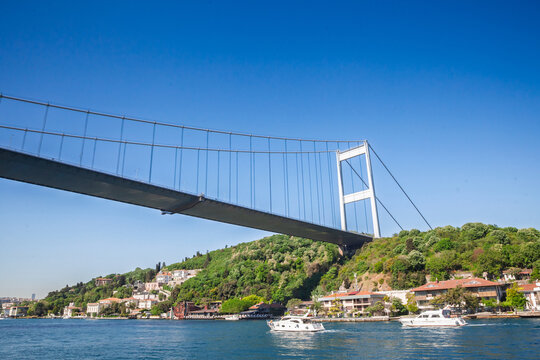 Bosphorus Bridge; also called 15 july martyrs bridge or 15 temmuz sehitler koprusu, seen from below. it's a bridge in Istanbul connecting Asian and European side in istabul, turkey.