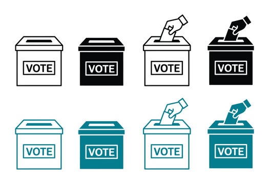 Voting ballot box icon vector set, hand casting vote symbols for election, democracy, polling, and civic participation design