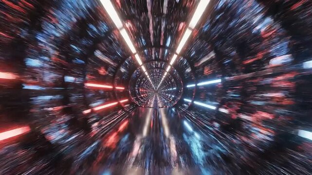 Futuristic neon tunnel in motion with streaking lights and energy vortex.