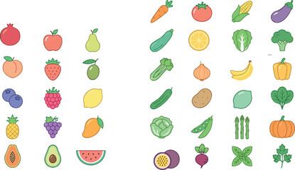 Obraz premium Colorful Fruit and Vegetable Icon Collection Featuring Healthy Organic Farm Fresh Produce and Cute Food Illustrations for Nutrition Designs