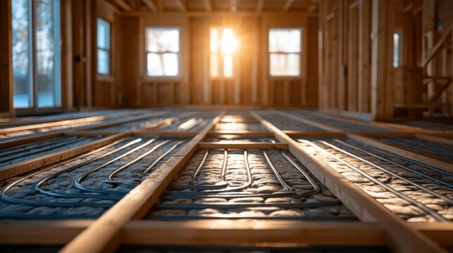 Underfloor heating system being installed in a compact tiny home, showcasing modern energy-efficient home heating technology during construction or renovation.