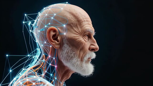 Artificial intelligence concept with senior man profile and glowing neural network lines. Human brain mapping, biotechnology, and futuristic cybernetics on dark background.
