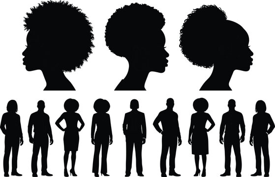 People silhouette collection featuring diverse men and women with afro hairstyles in standing poses black vector illustration set