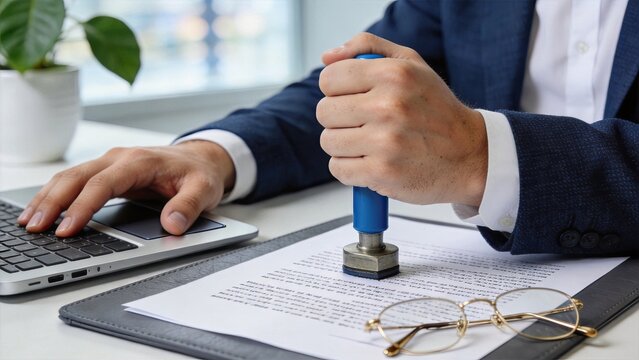 Notary public stamping official document on office desk with laptop and glasses nearby