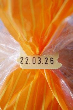 Date code on packaging for baked goods seen up close