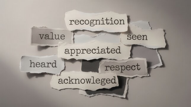 Torn paper pieces with typed words highlighting themes of respect, recognition, and appreciation on a neutral background.