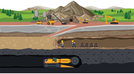 Mining operation illustration with cross section of underground tunnel © SERINA AKTHER