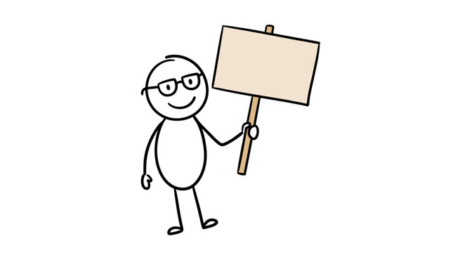 Minimalist stick figure with glasses holding a blank sign ready for your custom message or announcement concept