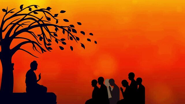 Buddha statue preaching to a group of disciples under a large bodhi tree at sunset.