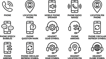 Fototapeta premium Communication and customer support icon set with phone mobile headset location and service symbols