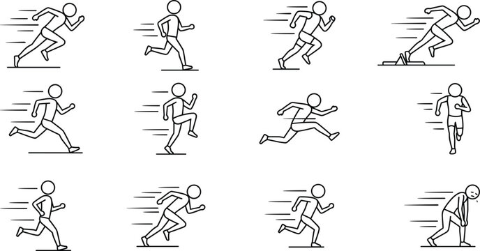 Running stick figure icon collection with sprint jogging fitness exercise and athletic movement illustrations