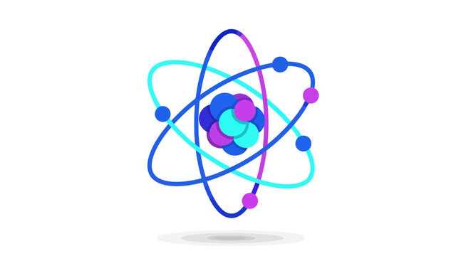 Abstract representation of atomic structure with orbiting subatomic particles and central nucleus in vibrant blue and magenta colors depicting science and research concepts for educational