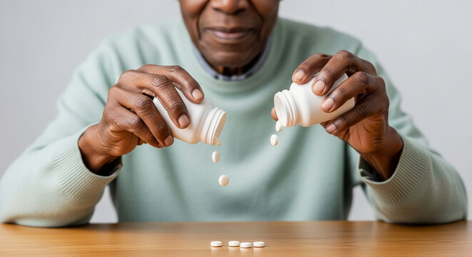 Elderly African American man pouring multiple white pills from two bottles onto a table, representing senior healthcare and medication management.
