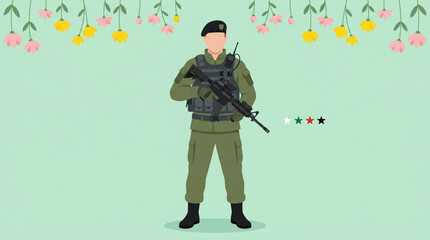 Fototapeta premium Army Birthday A Soldier in Full Military Uniform, Standing Firmly, Armed and Ready, with a Soft Floral Background