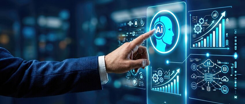 Exploring ai innovation in business analytics interactive data visualization corporate office environment digital interface close-up perspective