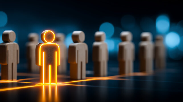 A highlighted wooden figure among a connected group, symbolizing leadership selection, talent recognition and human resources strategy.

