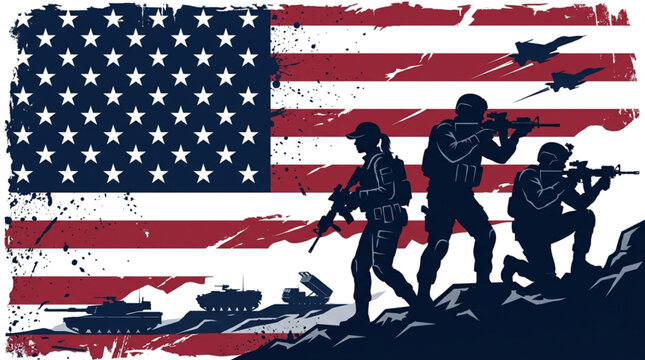 Army Birthday Patriotic depiction of military forces in action, silhouetted against a distressed American flag, symbolizing national defense, freedom, and valor
