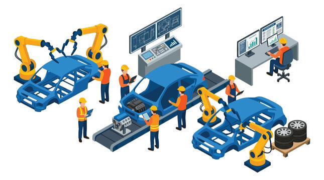 Automotive factory assembly line isometric illustration on white background