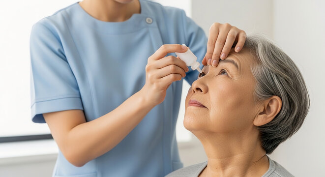 Professional nurse or medical caregiver applying ophthalmic solution eye drops to a senior Asian woman during a checkup in a bright medical office.