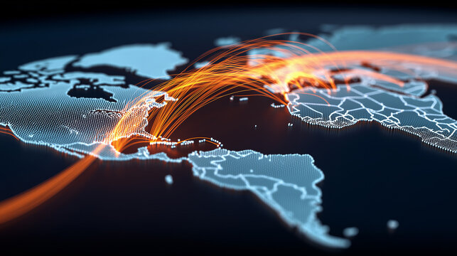 A digital world map with glowing network routes, symbolizing international data transfer, logistics and global connectivity.
