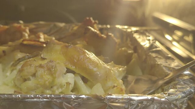 Roasted Chicken and Potatoes in Foil Tray Inside Oven, Hot Steaming Food